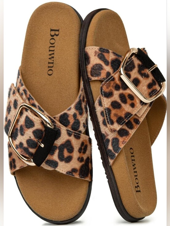 Shoes - Trendy Leopard Print Double Strap Slide Sandals Size 9 NWT